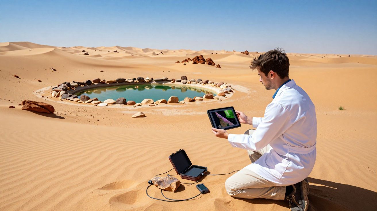 Homem com jaleco branco usa tablet em deserto próximo a lagoa artificial cercada por pedras.