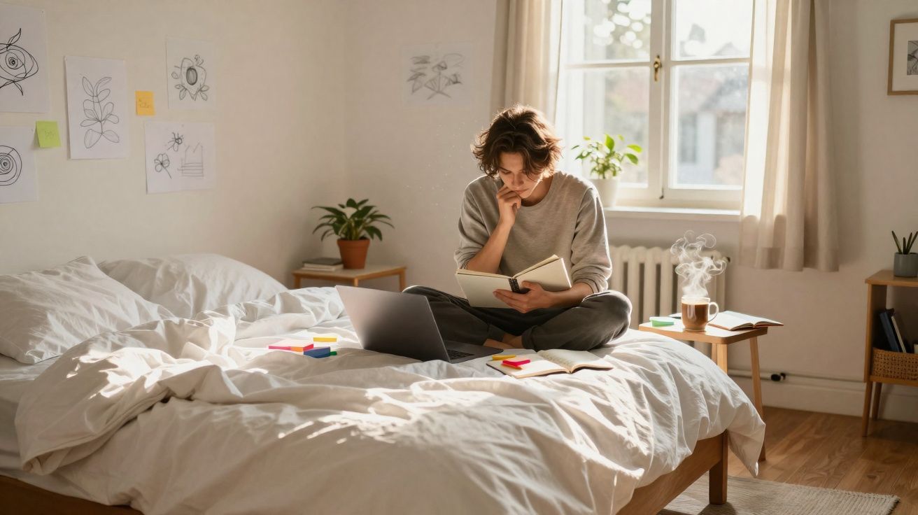 Pessoa sentada na cama lendo um livro, com laptop, caderno, caneca e planta em quarto iluminado pela manhã.