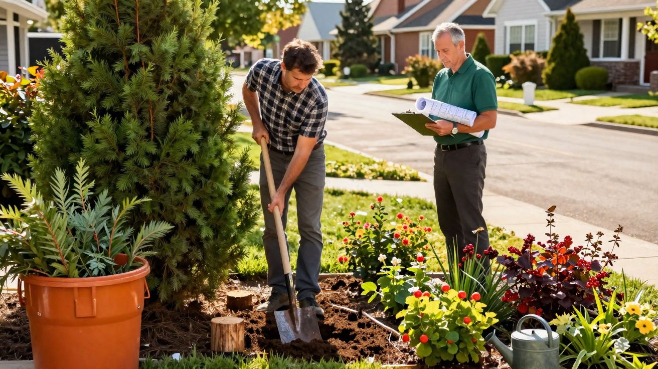 Dois homens trabalhando em jardim residencial, um cavando e outro segurando plantas e plantas em vaso ao lado.