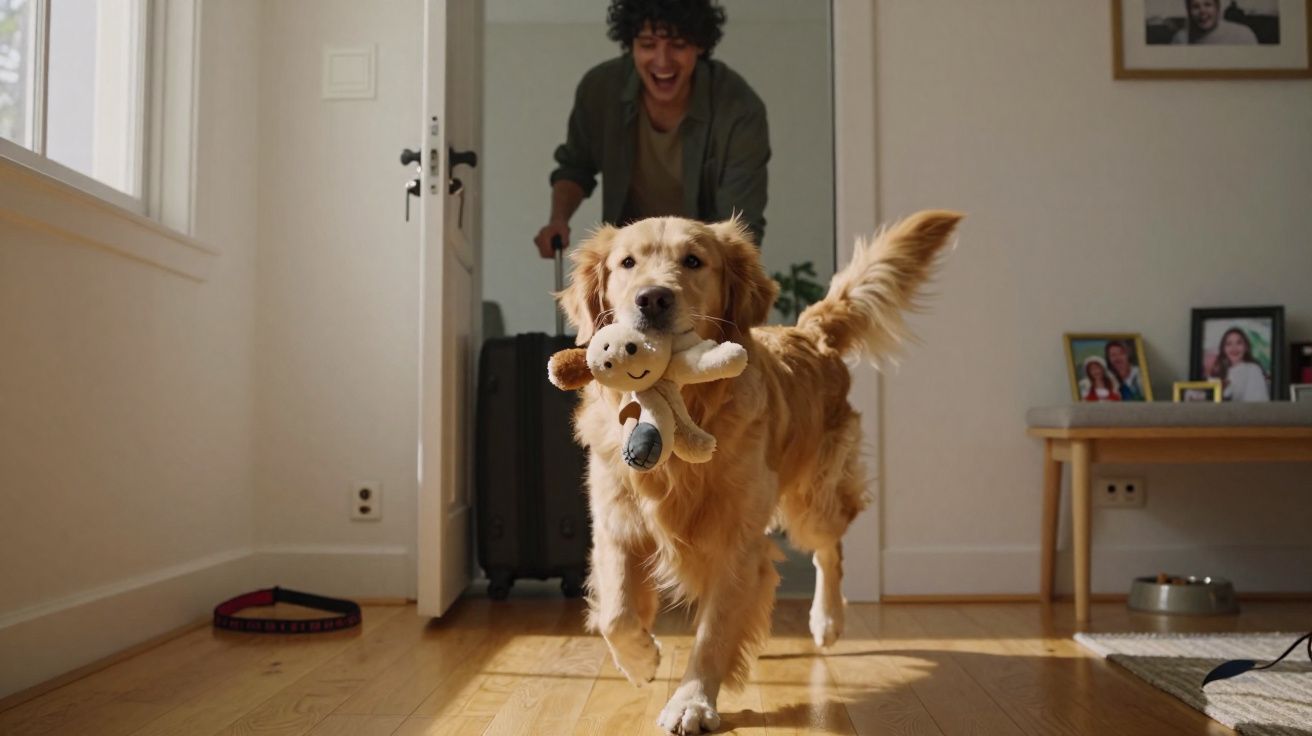 Cachorro Golden Retriever correndo dentro de casa com brinquedo na boca, pessoa sorrindo ao fundo.