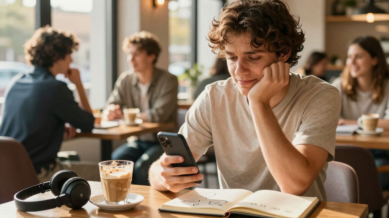 Jovem sentado em cafeteria olhando celular com caderno aberto à sua frente, fones de ouvido e bebida sobre mesa.
