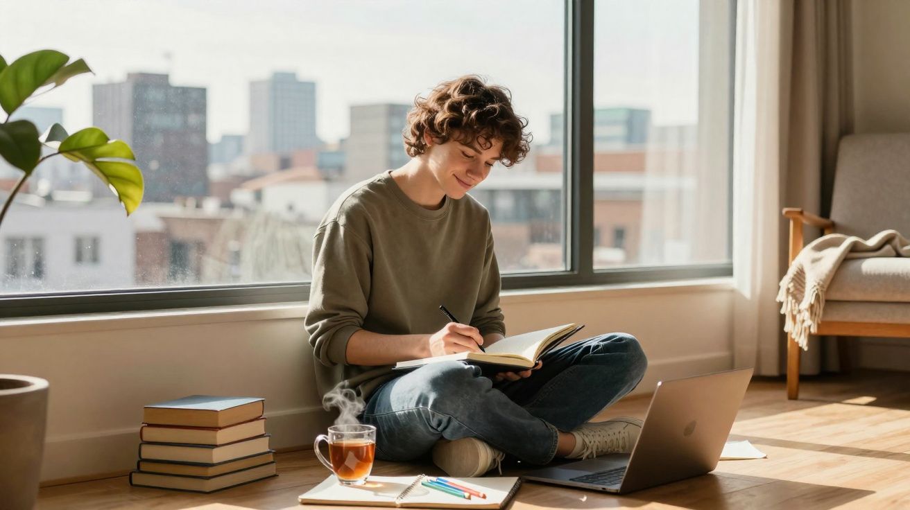 Pessoa sentada no chão junto à janela, escrevendo em caderno, com livros, laptop e chá ao redor.