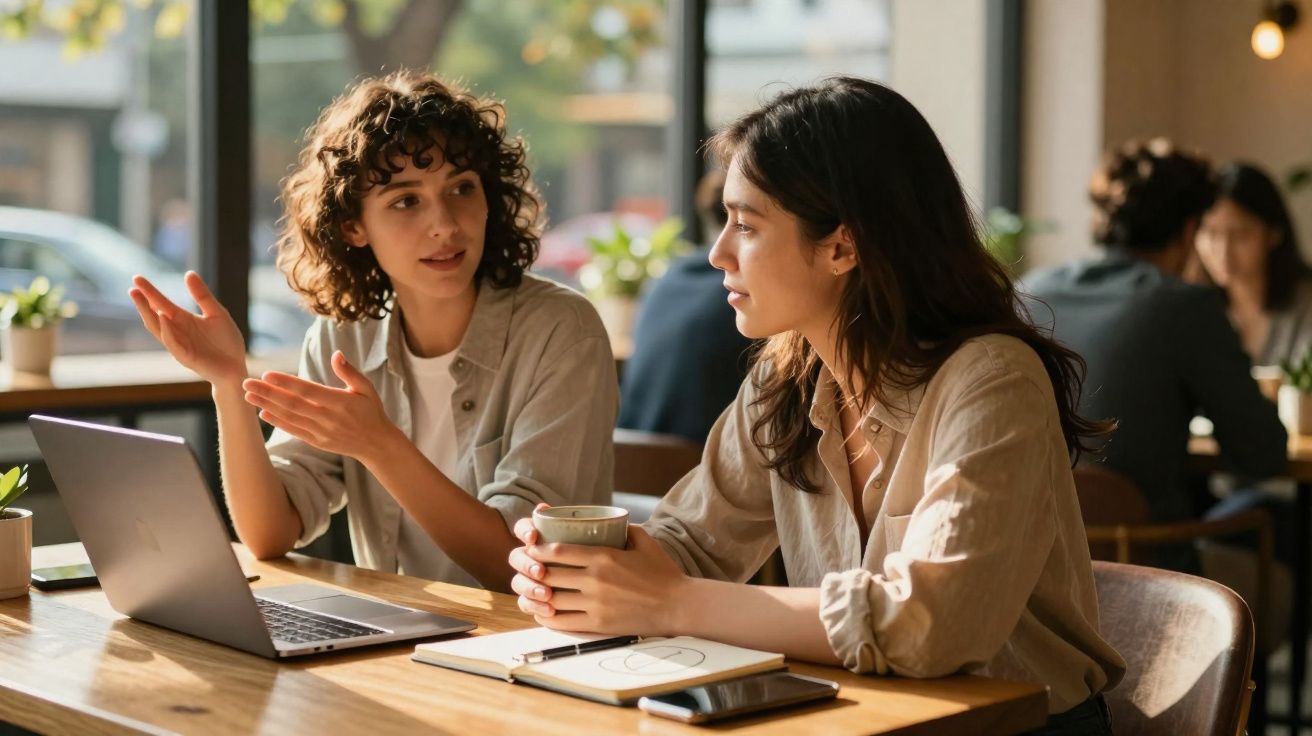 Duas mulheres conversando em café, sentadas à mesa com laptop, caderno e xícara de café.
