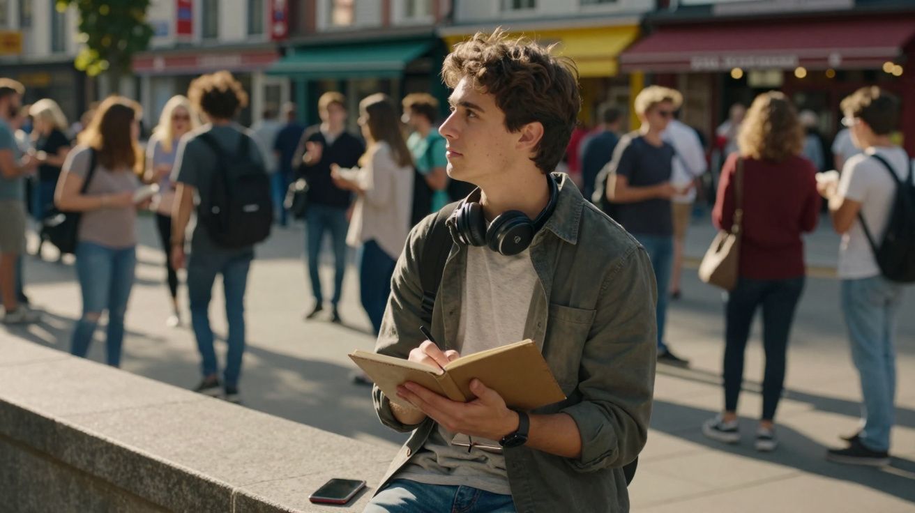 Jovem sentado em praça movimentada escrevendo em caderno, usando fones de ouvido no pescoço.
