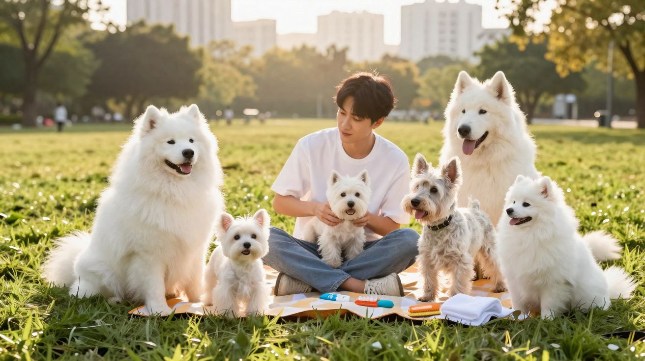 Jovem sentado no parque cercado por seis cachorros de diferentes raças e tamanhos em um dia ensolarado.