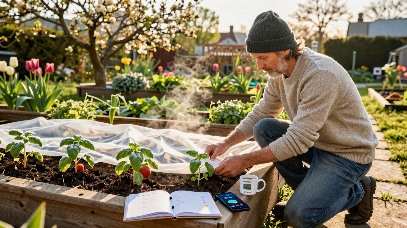 Homem cuidando de plantas em canteiro elevado com flores e utensílios ao redor em jardim ensolarado.