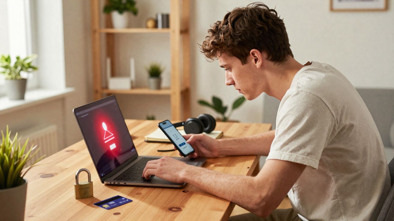 Jovem homem verifica notificação de segurança no celular enquanto usa laptop com alerta de alerta em área de trabalho.