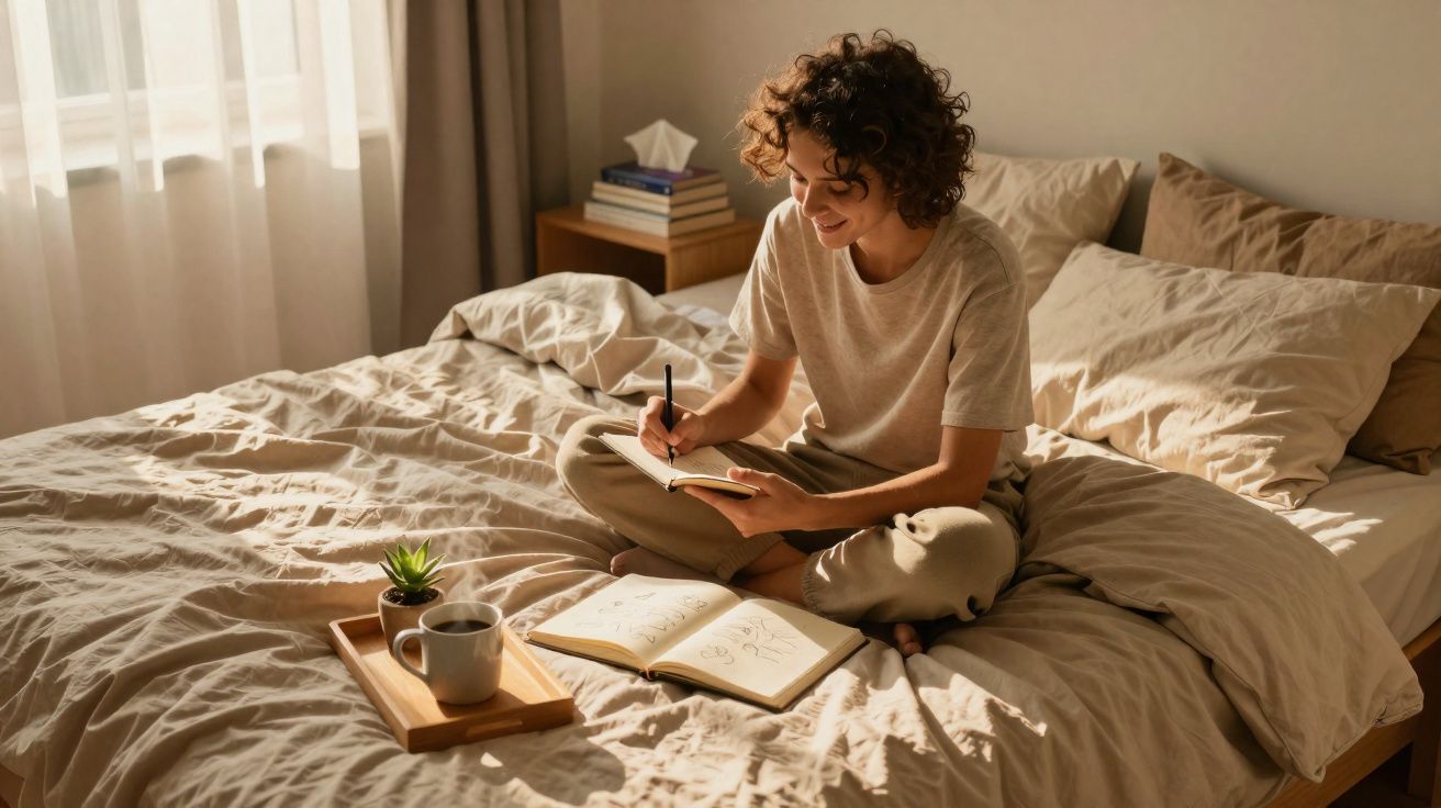 Mulher sentada na cama escrevendo em caderno, com livro aberto e café em bandeja ao lado.