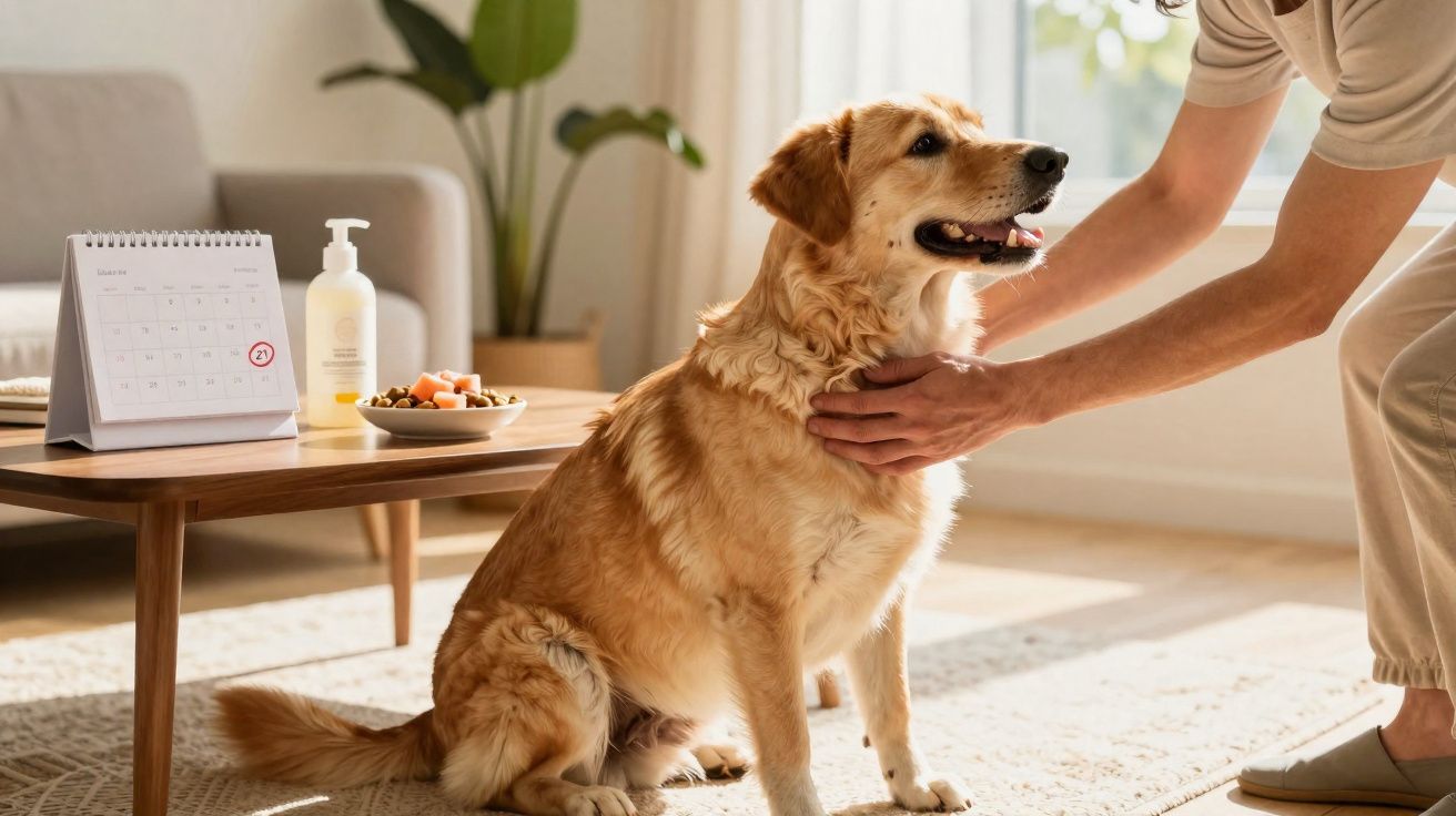 Pessoa acariciando cachorro dourado sentado perto de mesa com calendário e petiscos.