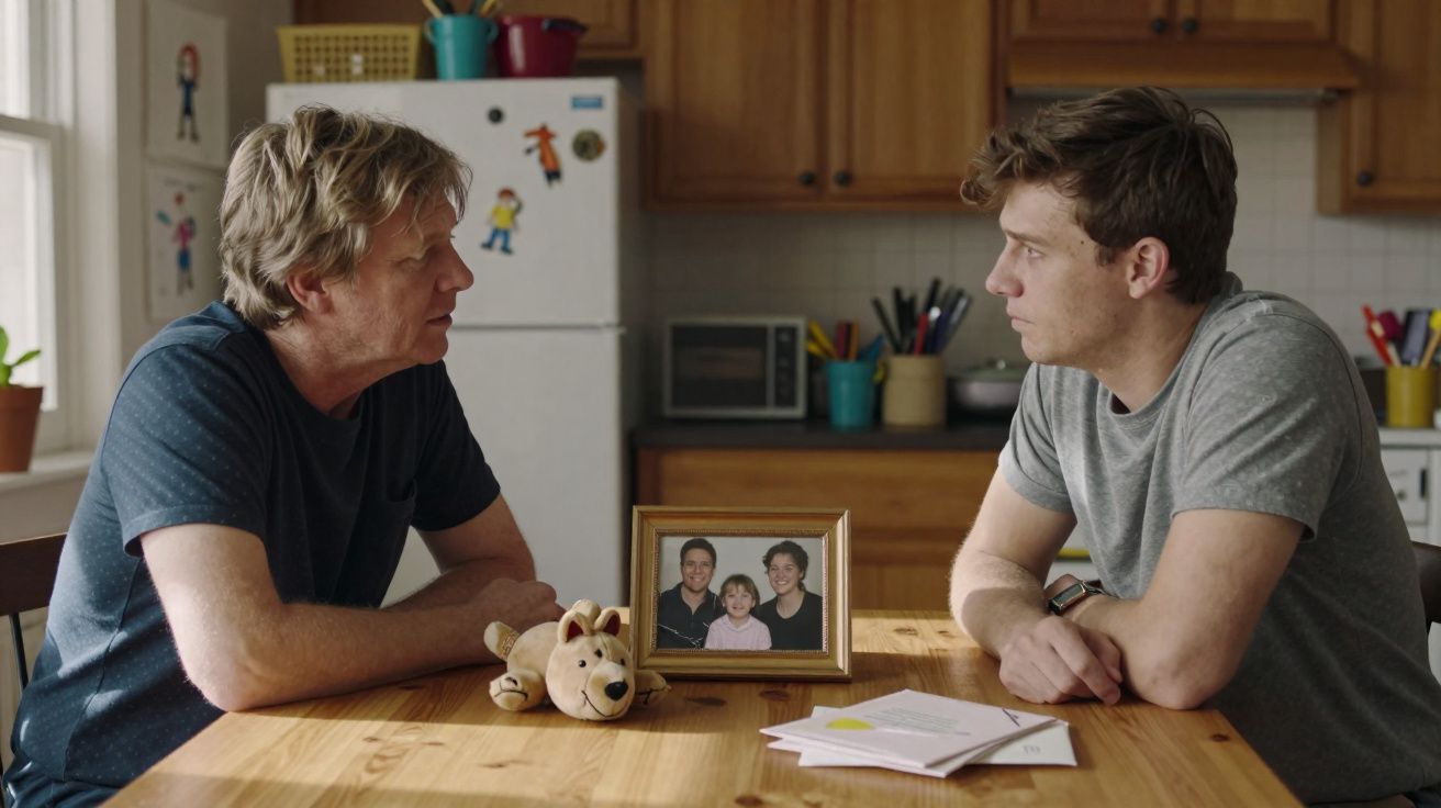 Dois homens conversam sentados à mesa de madeira em uma cozinha, com foto de família e brinquedo no centro.