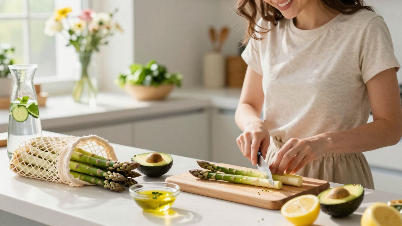 Mulher cortando aspargos em uma tábua na cozinha, com abacate e limão ao redor.