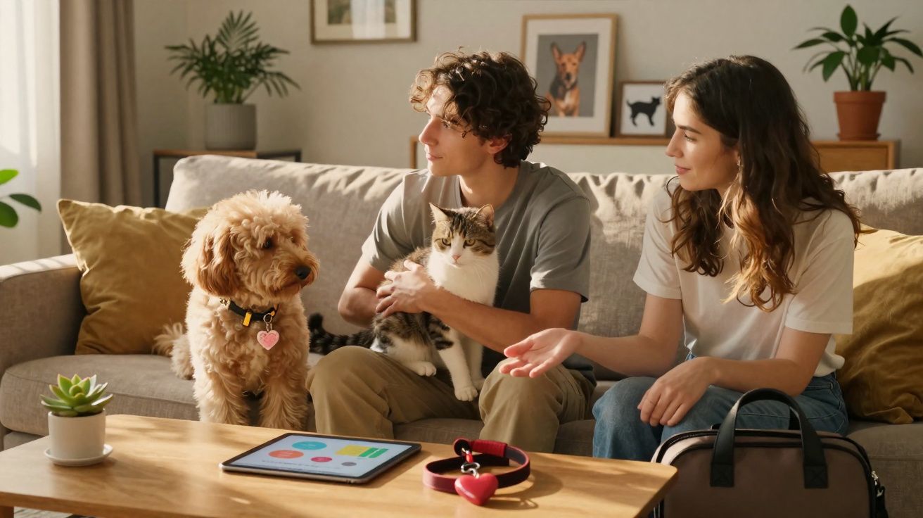 Jovem casal sentado no sofá com cachorro e gato, conversando em sala aconchegante com plantas e quadros.