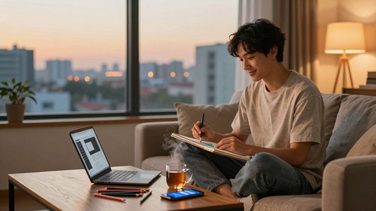 Jovem sentado no sofá desenhando em caderno com laptop, chá e celular na mesa em ambiente aconchegante.
