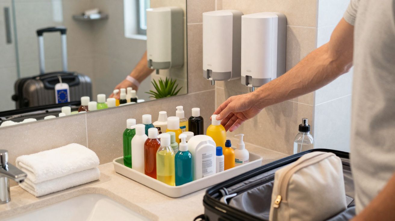 Pessoa organizando frascos de cosméticos na pia de banheiro ao lado de mala aberta e toalha branca.