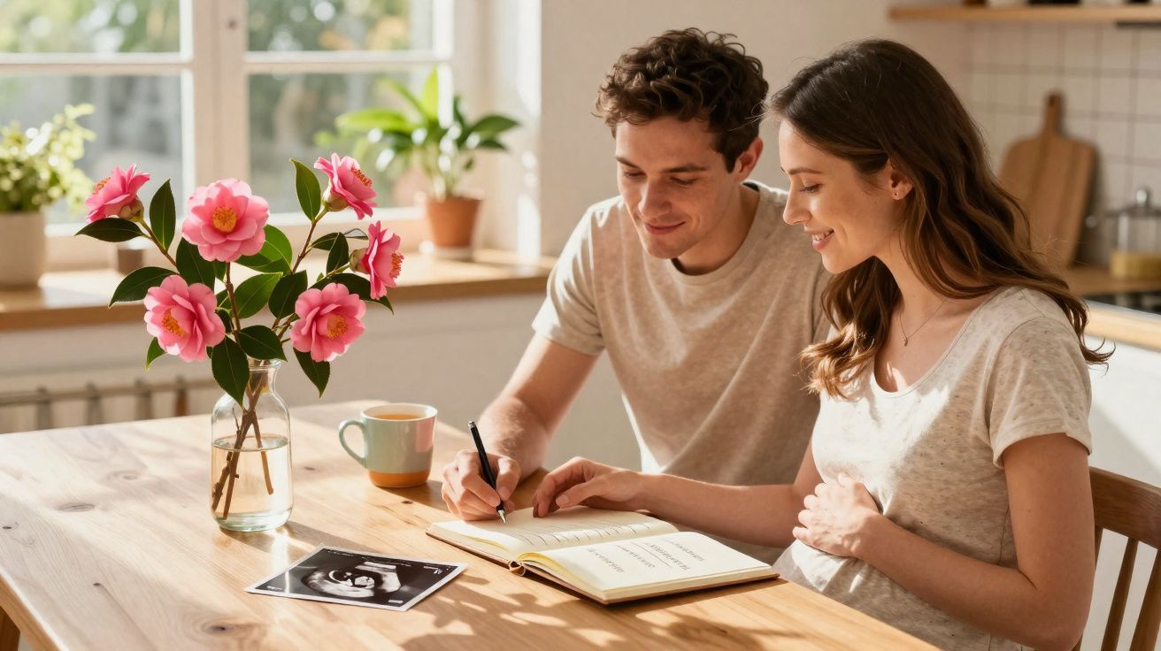 Casal sorridente em cozinha escrevendo em caderno com ultrassom e flores na mesa iluminada pela luz natural.