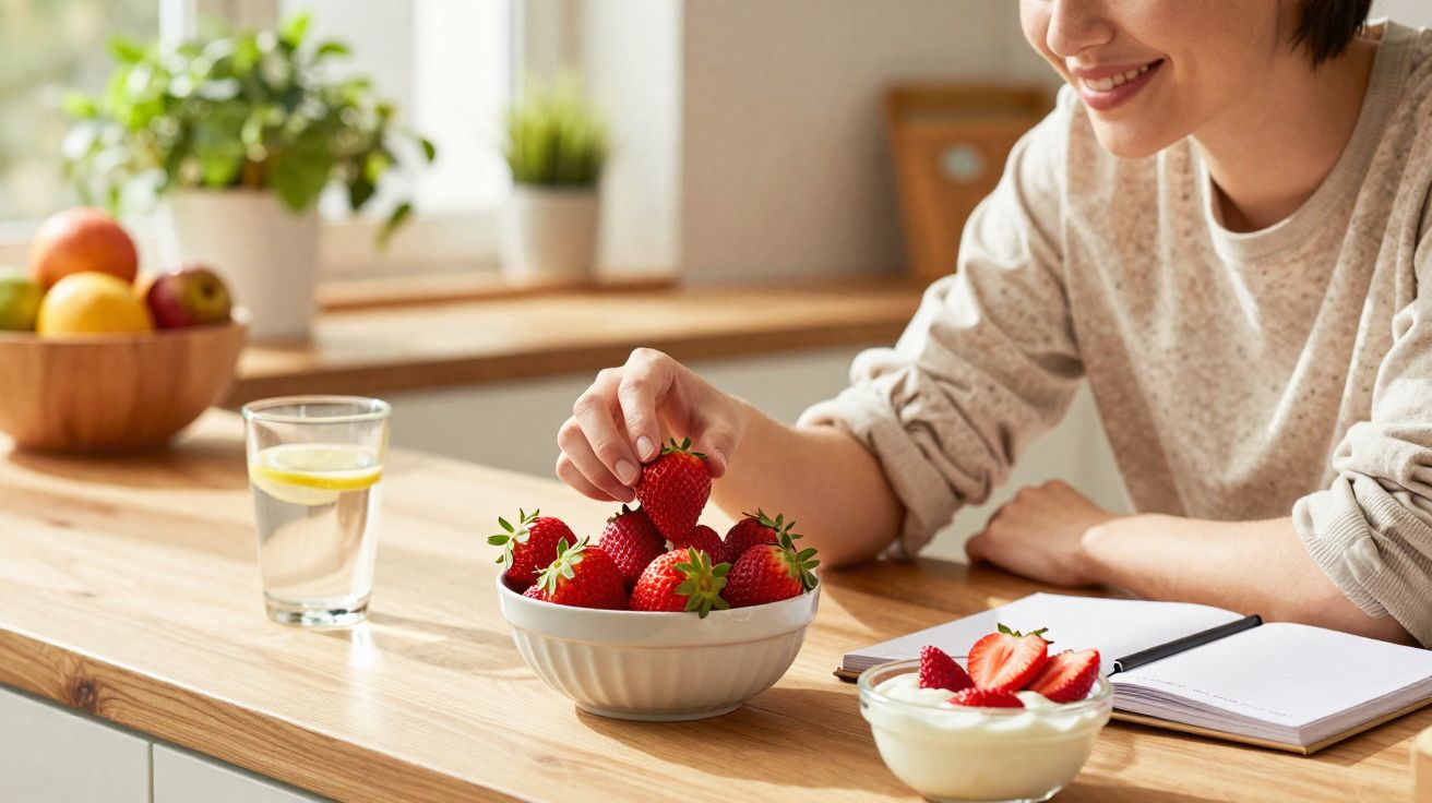 Mulher sorrindo pegando morango em tigela sobre mesa com iogurte e copo de água com limão.