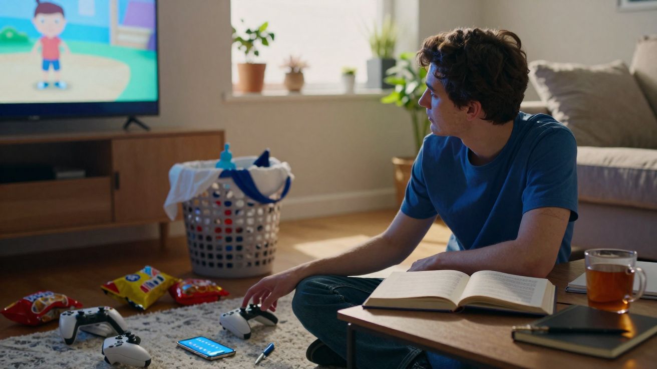 Jovem sentado no chão assistindo TV, com livro aberto e controle perto de celular e petiscos espalhados.