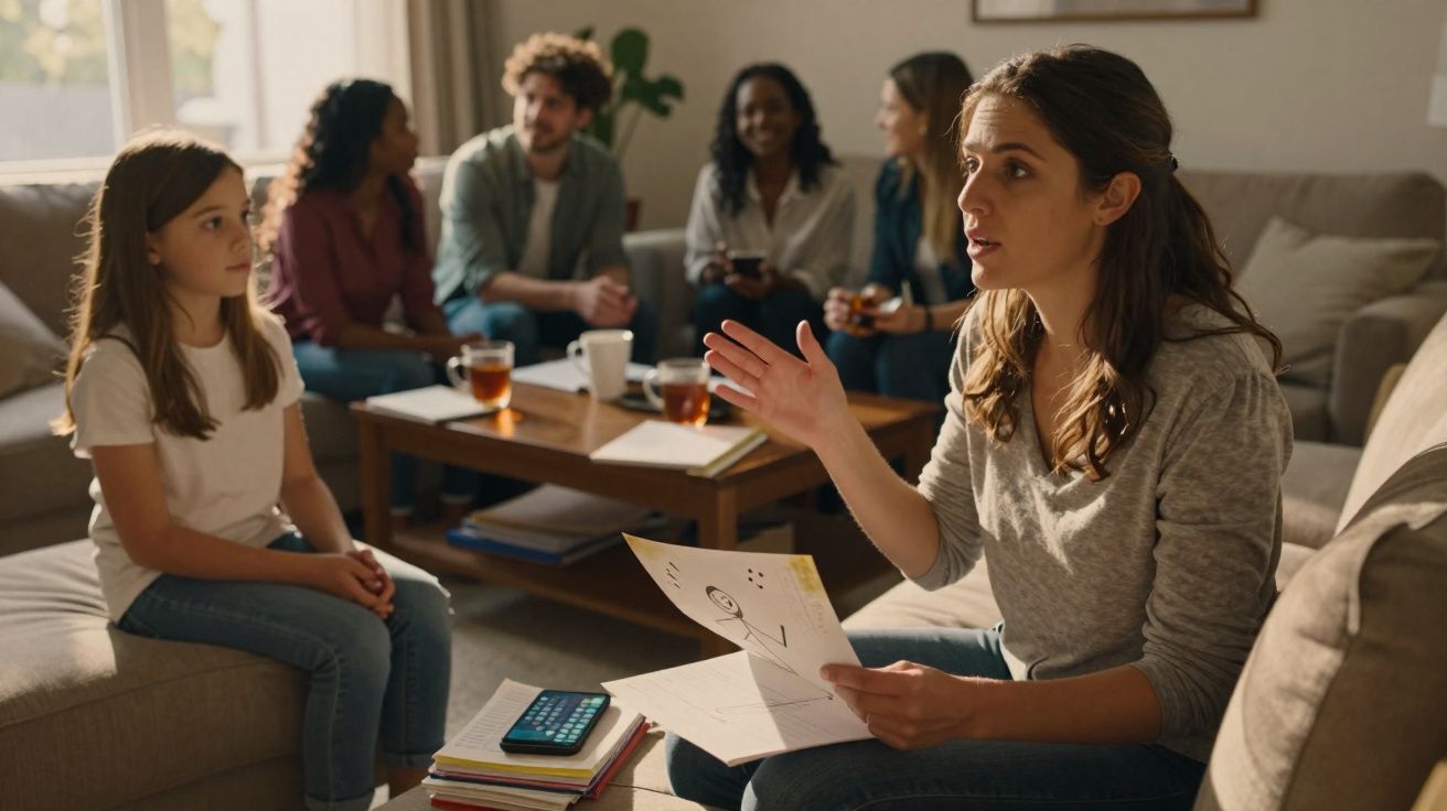 Mulher explicando lição para menina enquanto grupo conversa ao fundo em sala de estar iluminada natural.