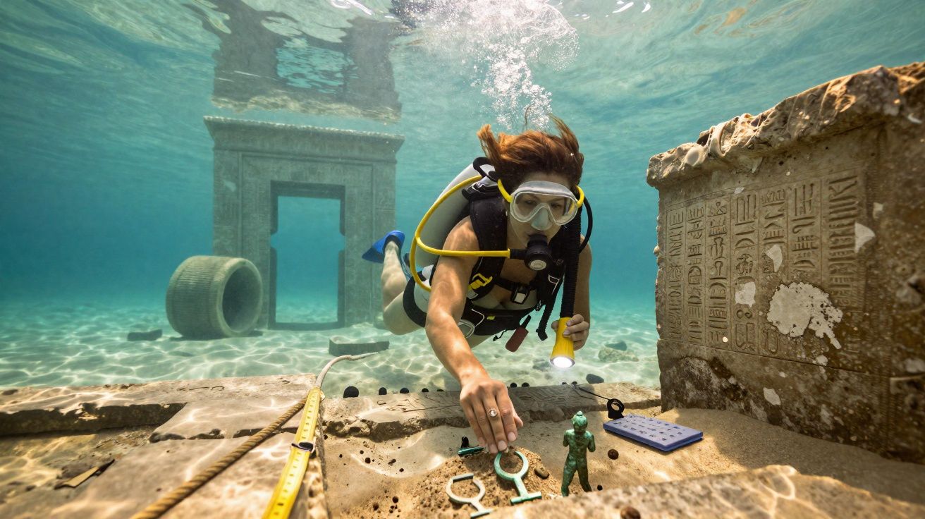 Mergulhador explorando ruínas subaquáticas com inscrições e artefatos egípcios antigos no fundo do mar.