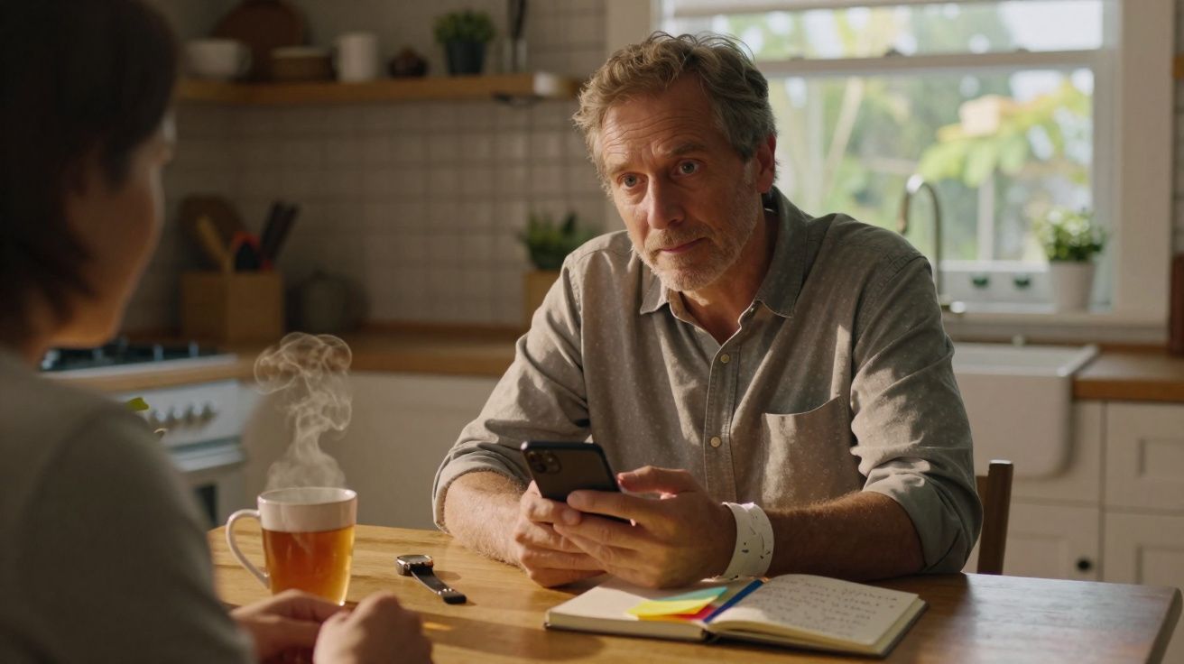 Homem com camiseta cinza senta à mesa da cozinha olhando para outra pessoa enquanto segura um celular.