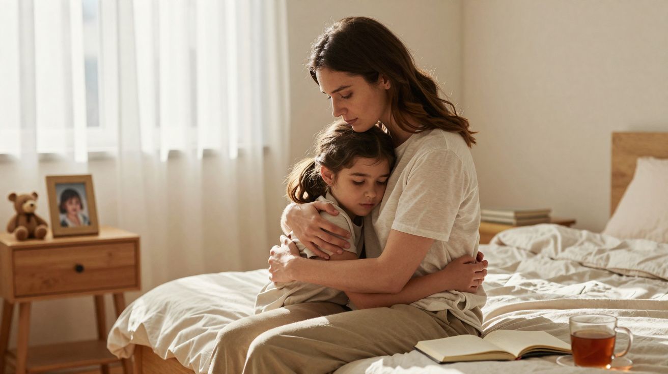 Mulher abraça e conforta menina em um quarto com luz natural, cama e livros ao fundo.