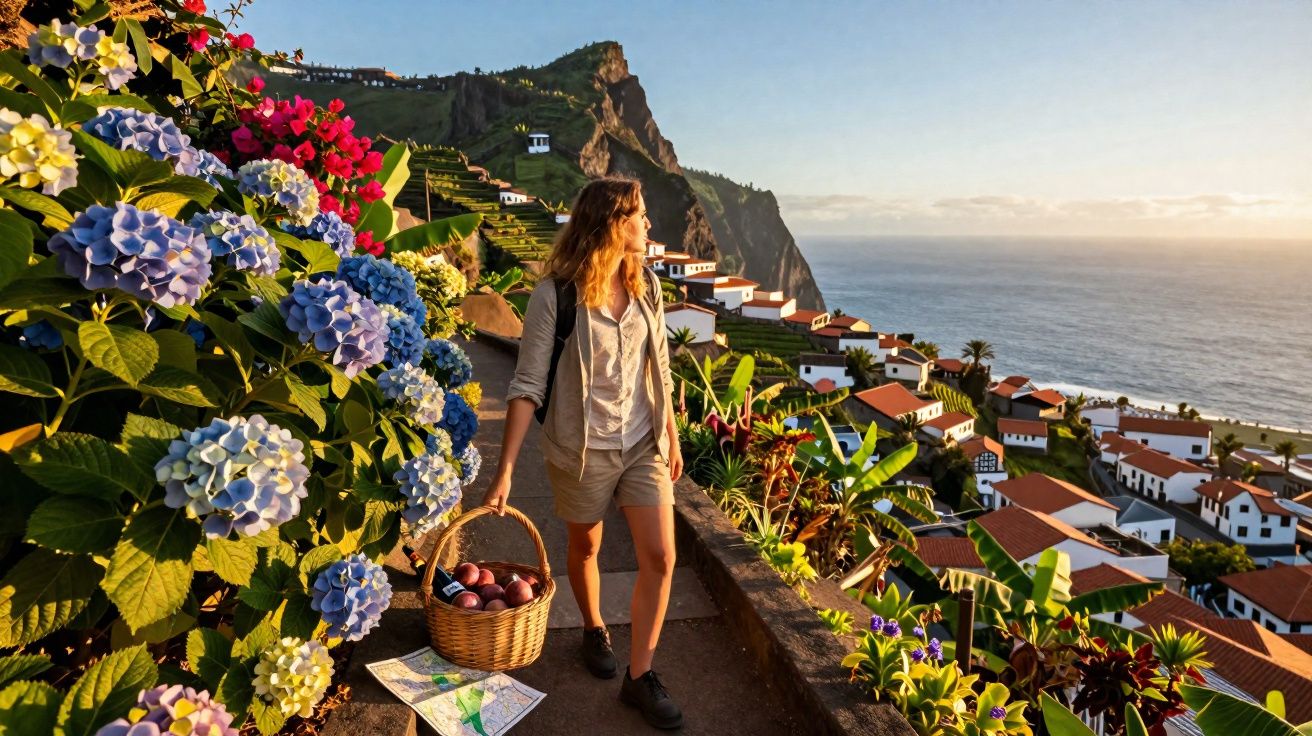 Mulher com cesta de frutas caminhando por vila à beira-mar com flores coloridas e montanhas ao fundo.