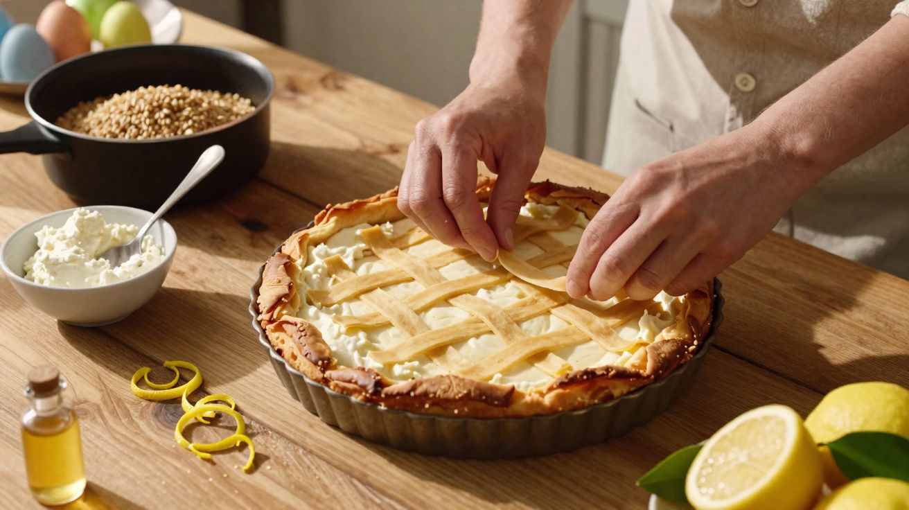 Pessoa decorando torta com tiras de massa sobre mesa de madeira, ao lado ovos, creme e limões.