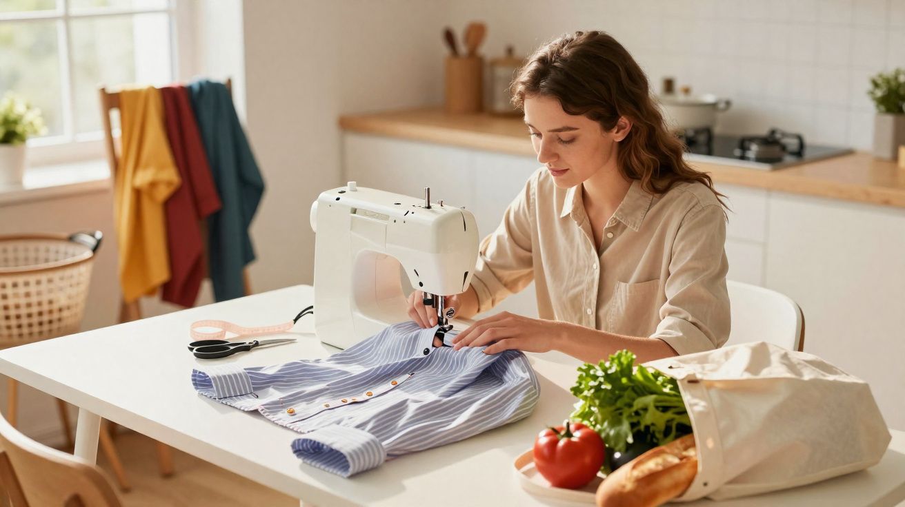 Mulher costurando camisa listrada azul em máquina de costura na mesa da cozinha.