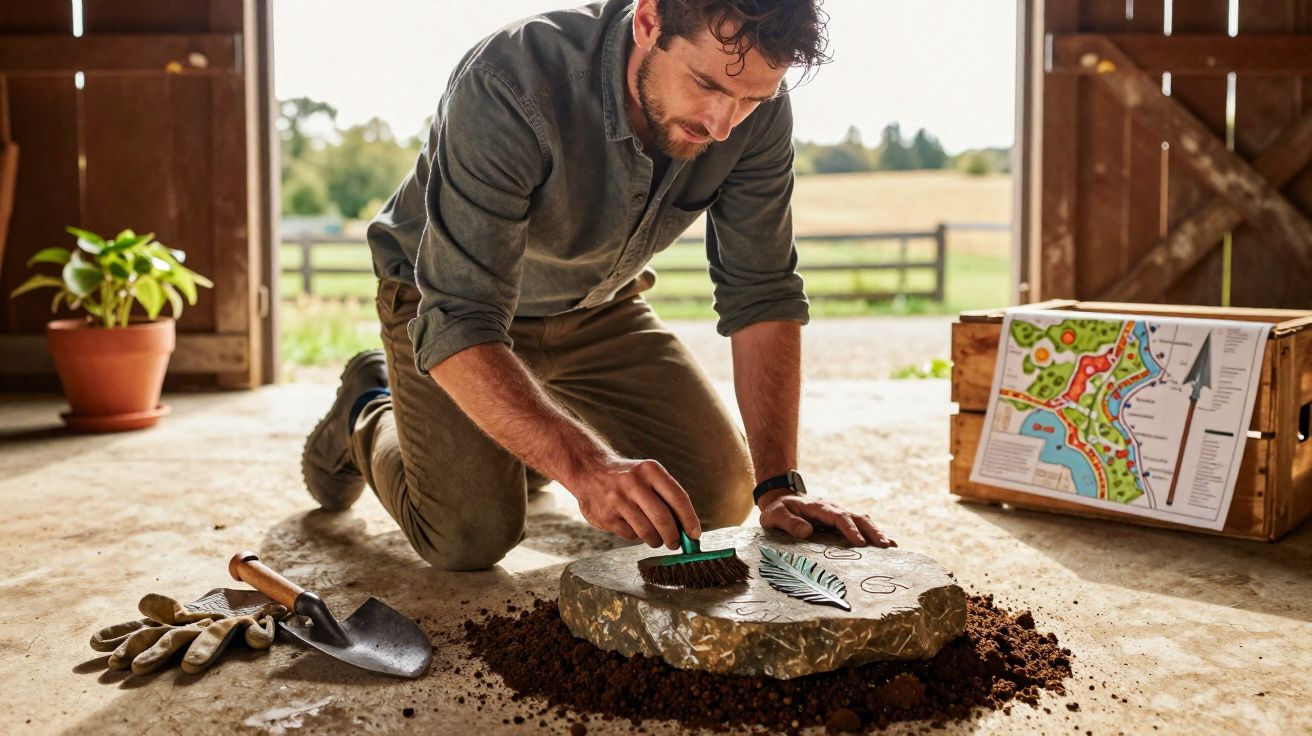Homem limpando detalhe em pedra durante escavação arqueológica dentro de celeiro com ferramentas ao redor.