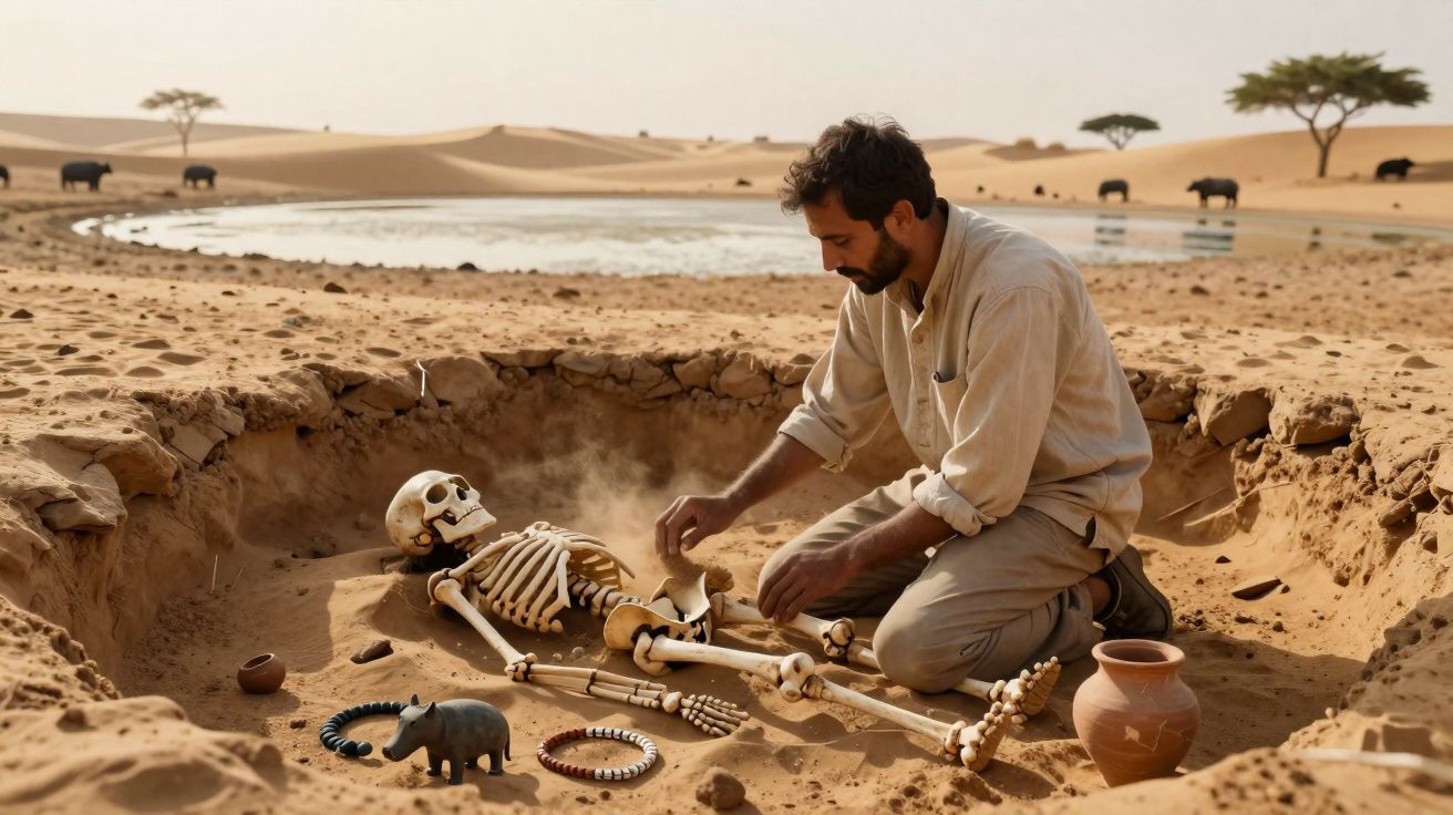 Homem escavando e examinando um esqueleto humano em uma sepultura no deserto.