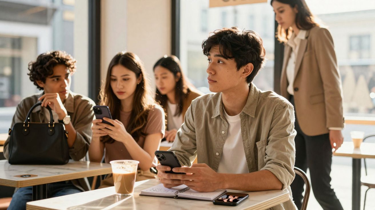 Jovens em café moderno, usando celulares e conversando enquanto uma mulher passa ao fundo.