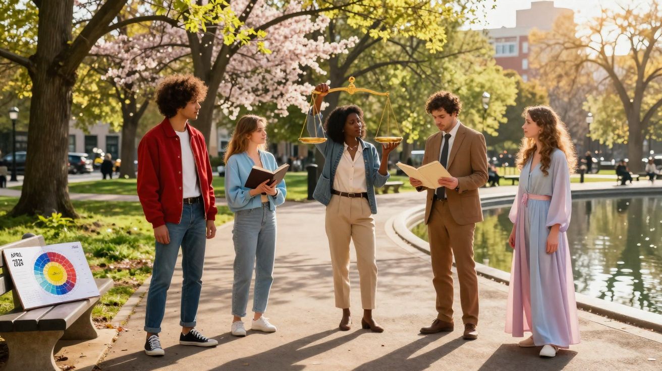 Cinco jovens discutindo ao ar livre, uma segura uma balança, com árvores e lago ao fundo.