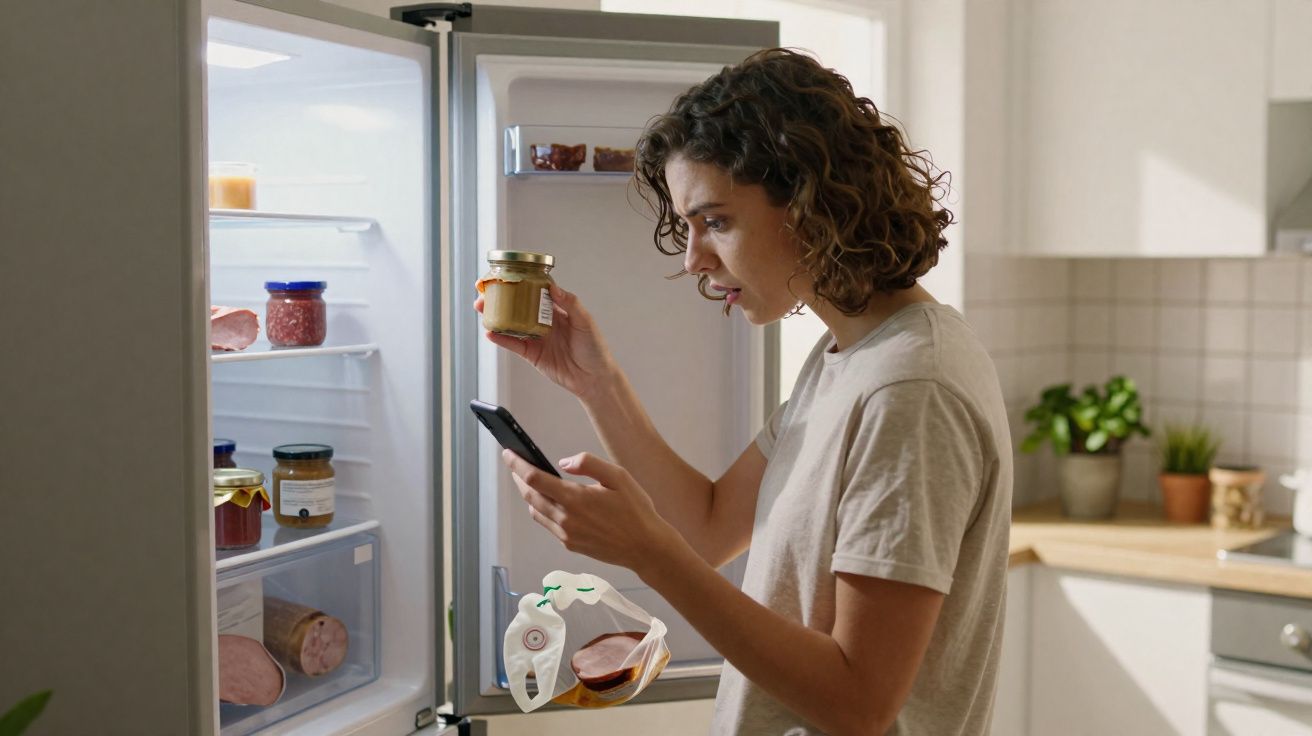 Mulher olhando para rótulo de pote na geladeira aberta enquanto consulta celular na cozinha.