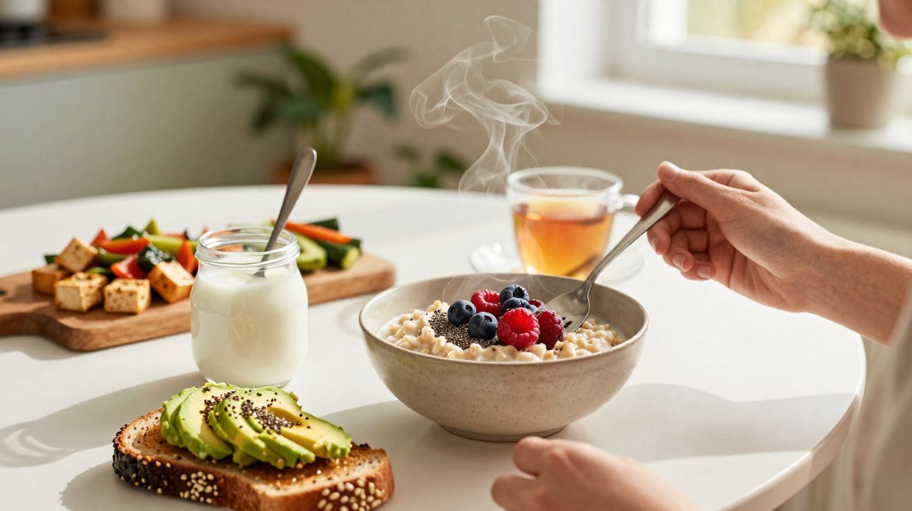 Mesa com café da manhã saudável: aveia com frutas vermelhas, chá, iogurte, legumes e pão com abacate.