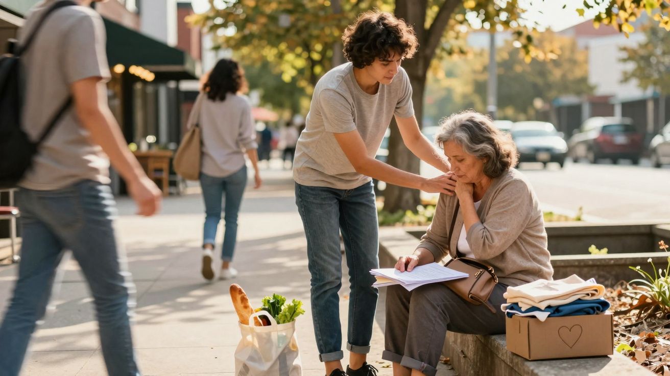 Jovem conforta mulher idosa sentada na rua com caixa de doações e sacola de compras ao lado.