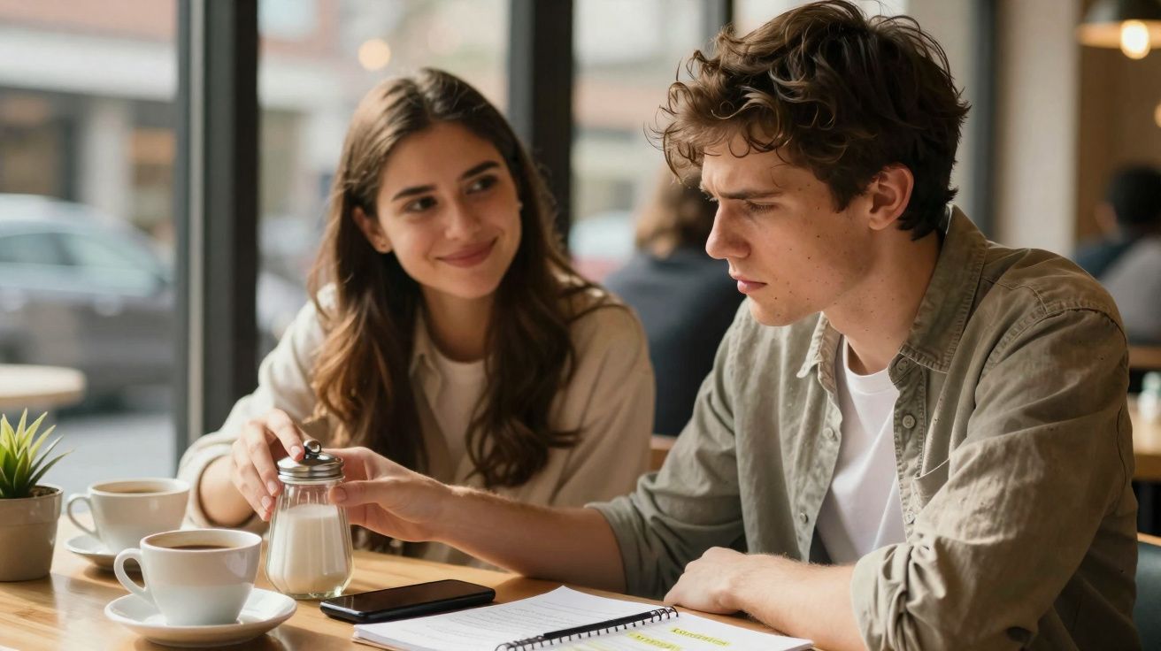 Jovem casal sentado em cafeteria, homem mexendo no açúcar enquanto a mulher sorri para ele, com cadernos e café na mesa.