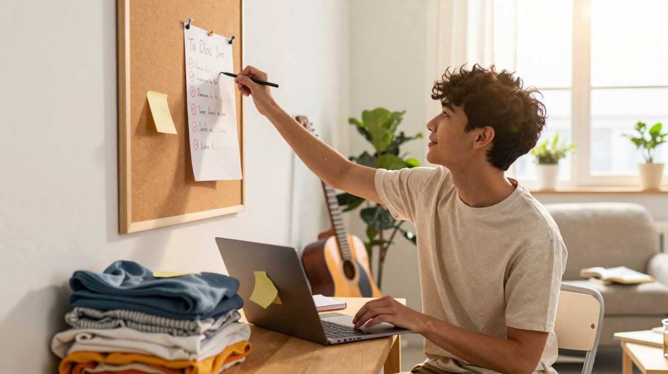 Jovem sentado à mesa escreve lista de tarefas em quadro de cortiça em ambiente iluminado e organizado.