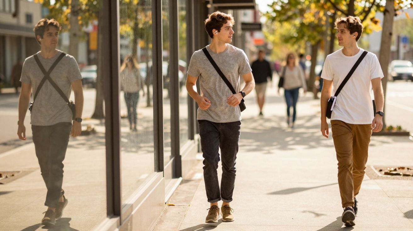Dois jovens caminhando em calçada urbana, um com camisa cinza e outro com camisa branca.