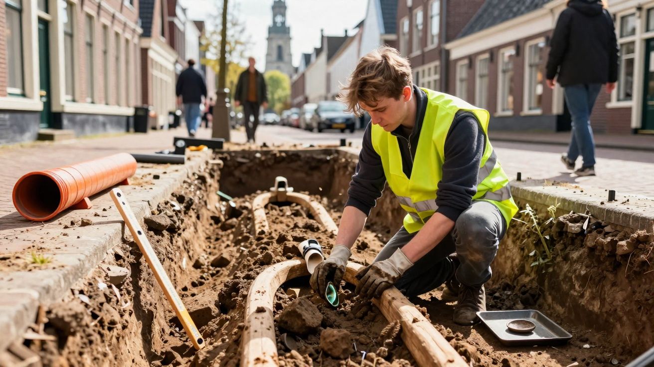 Trabalhador de colete amarelo conserta tubulação em vala na rua em dia ensolarado.
