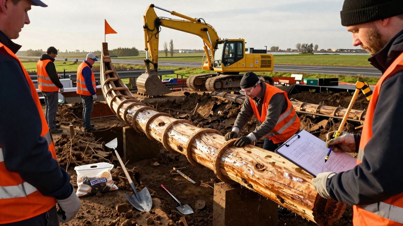 Trabalhadores escavando terreno com escavadeira ao fundo, instalando antiga estrutura de madeira.