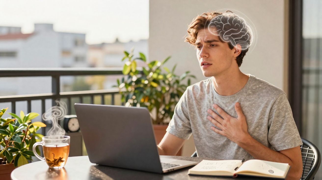Jovem sentado em mesa com laptop, segurando o peito e iluminado por um desenho de cérebro, parecendo desconforto.
