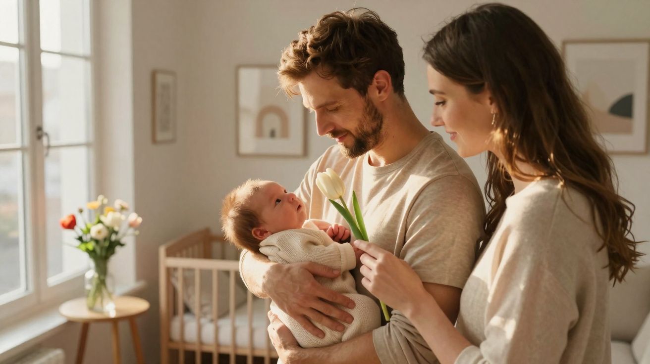 Casal sorrindo segurando bebê enquanto mulher oferece flor em quarto iluminado pela manhã.
