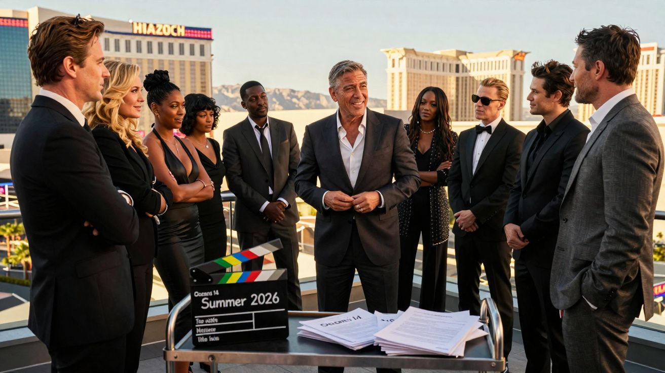 Grupo de atores em trajes formais reunidos ao redor de uma mesa com roteiro e claquete no terraço.