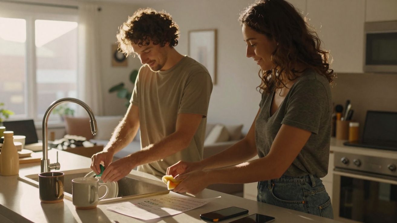 Casal jovem lavando pratos juntos na cozinha iluminada pela luz natural da manhã.