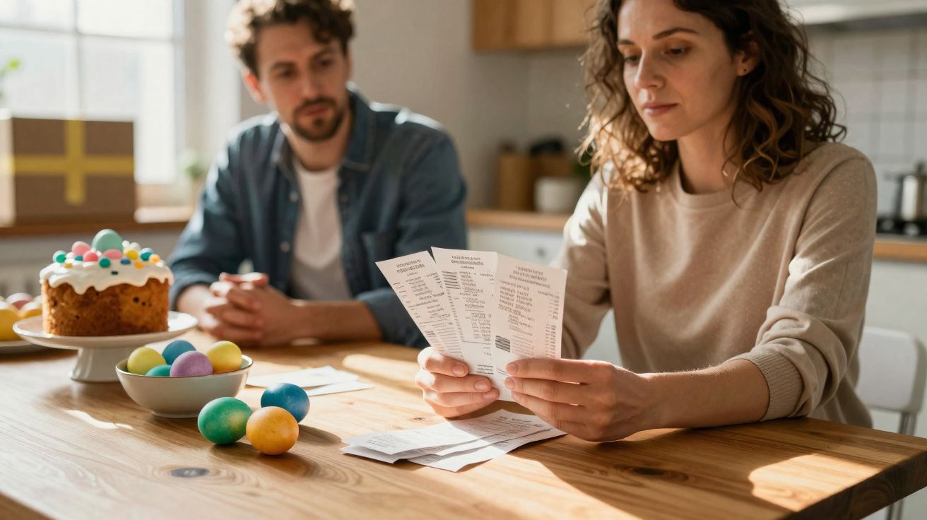 Mulher analisando contas sentada à mesa com homem ao fundo e decoração de Páscoa à frente.