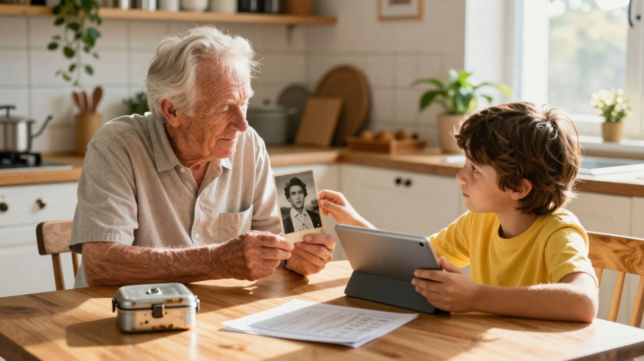 Idoso mostra foto antiga para menino enquanto estão sentados à mesa da cozinha com tablet e documentos.