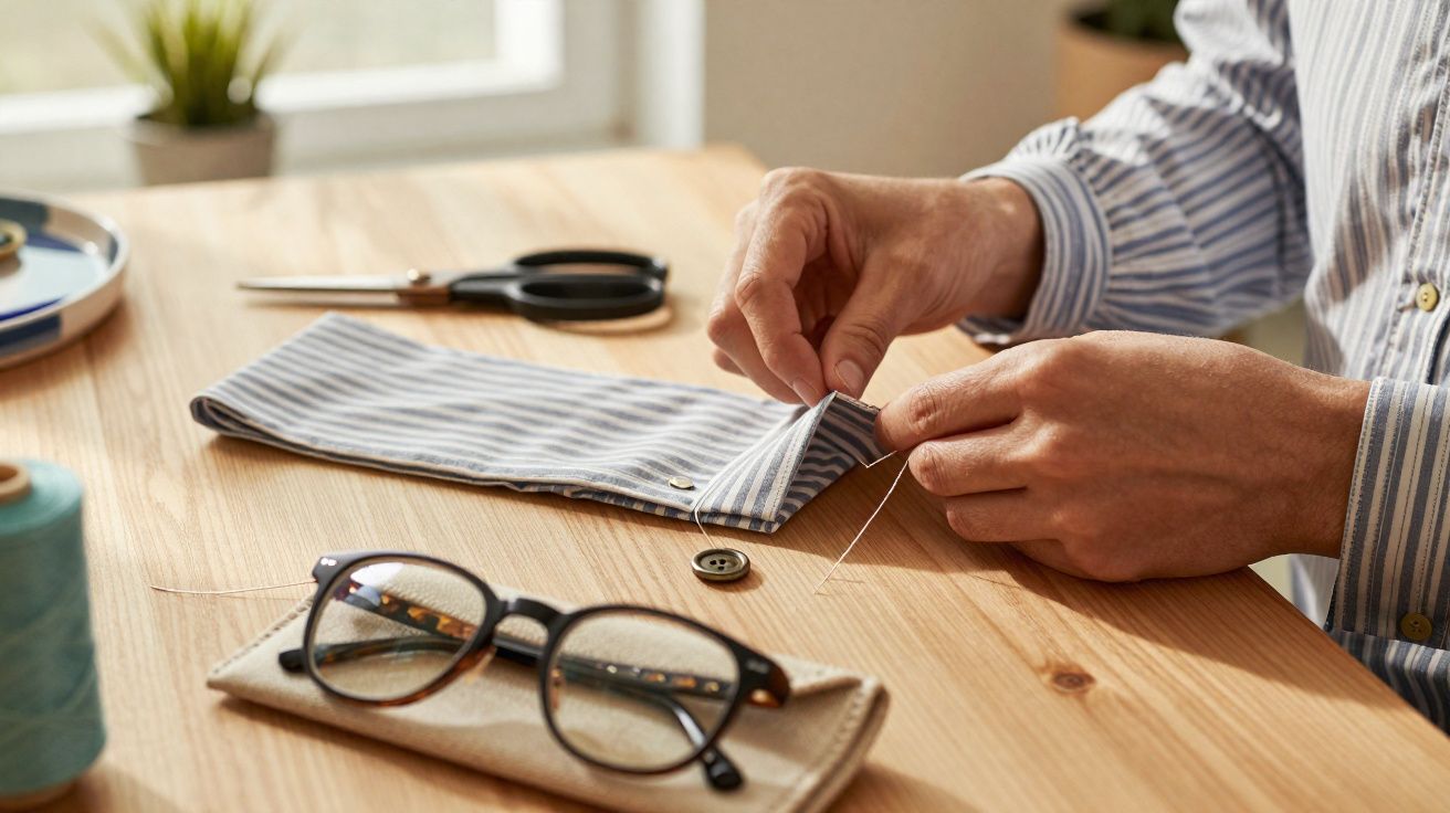 Pessoa costurando punho de camisa listrada em mesa de madeira com óculos e tesoura ao fundo.