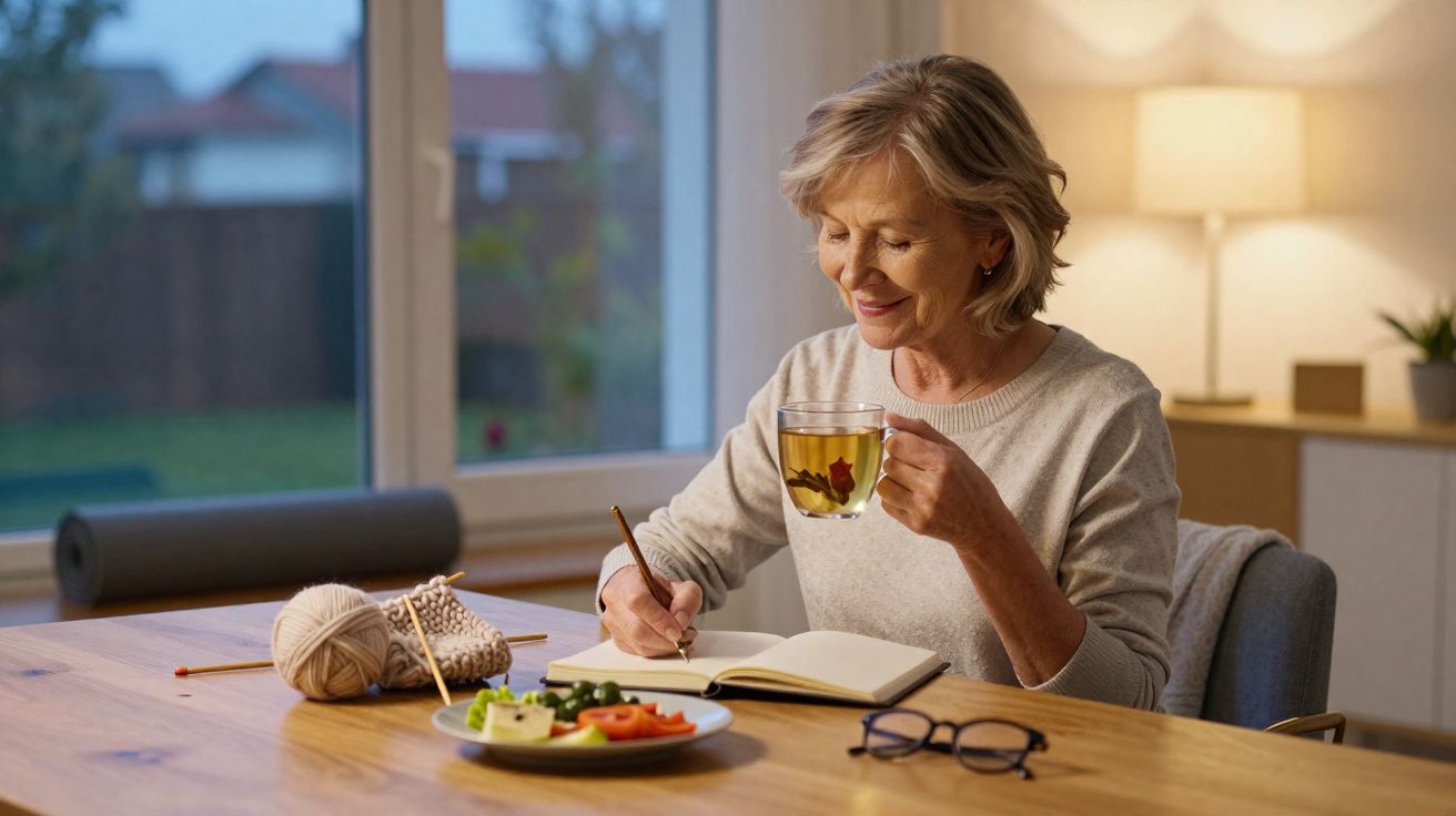 Mulher sorrindo escrevendo em caderno enquanto segura uma xícara de chá em mesa com comida e materiais de tricô.