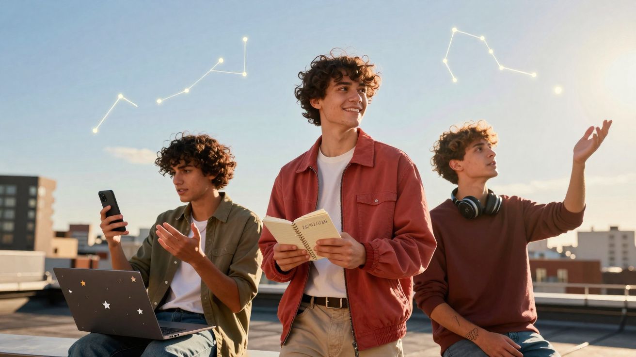 Três jovens em um terraço ao entardecer, com laptop, celular, caderno e constelações ao fundo.