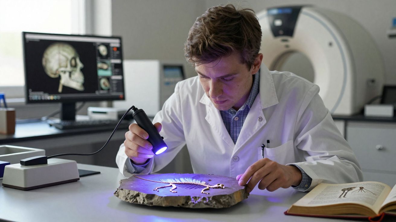 Cientista em laboratório analisando fóssil iluminado com lanterna UV sobre mesa branca.